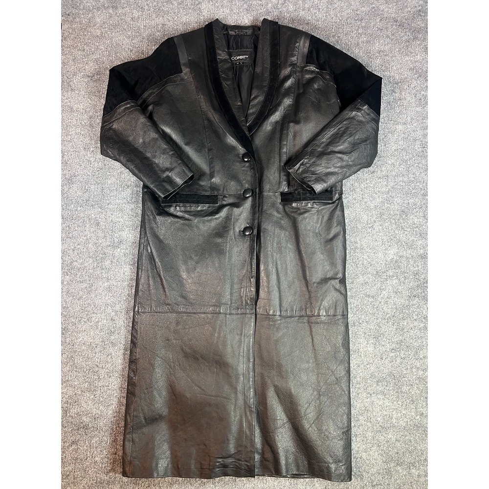 VTG Comint Black Leather Maxi Trench Coat Womens‎ M Goth Grunge Mob Wife 90s